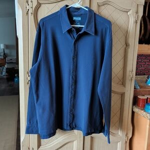 Duluth Mens Size L Blue Polo Work Shirt Extra Room Under Arms Long Sleeve 3 Butt